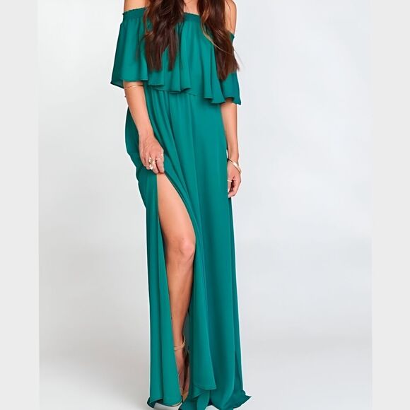 Show Me Your Mumu Hacienda Maxi Crisp Emerald Green Teal Off-Shoulder Dress L - Picture 2 of 6